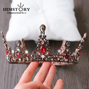 

Himstory NEwest Luxury Vintage Red King Queen Tiaras Crown Vintage European Full Circle Bronze Large Crowns Hair Jewelry