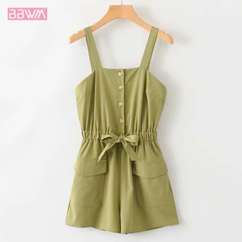 

Solid Color Buckle Sling Female Jumpsuit 2019 Summer New Women's Fashion Wild Slim Slimming Short Paragraph Sleeveless Waist