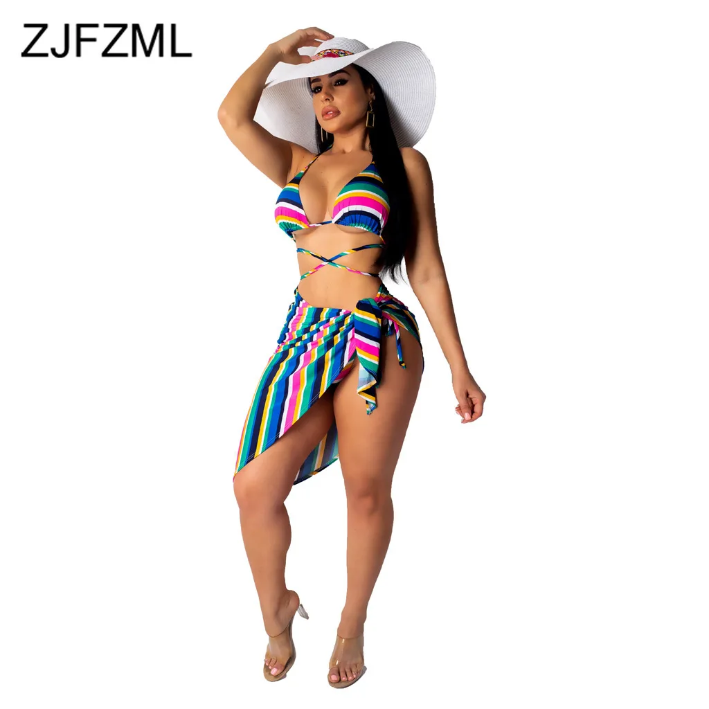 

Rainbow Striped Sexy 3 Piece Outfit Summer Clothes For Women Bra Top And High Waist Short And Bow Tie Skirts Beach Matching Set
