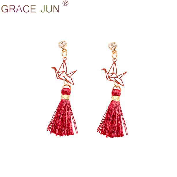 

GRACE JUN Gold Color Rhinestone Tassel Screw Clip on Earrings Fashion Popular Thousand Paper Cranes Student No Pierced Earrings