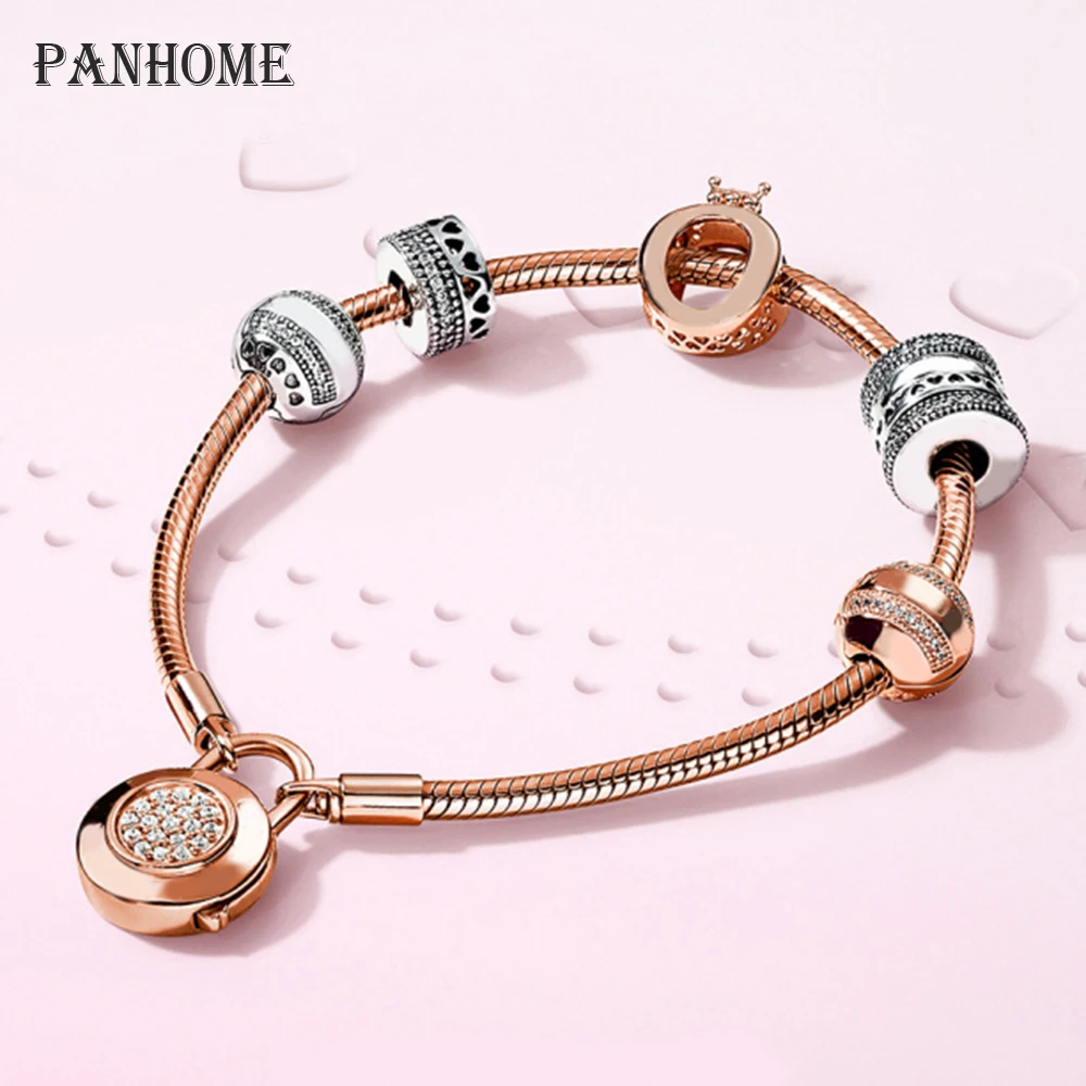 

PANHOME 100% 925 Sterling Silver Style Noble Luxury Rose Gold Distinguished Lovers Bracelet Set Original Women Jewelry Gift