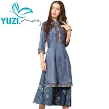 Летнее платье юзи. Мая Бохо новые джинсовые женские платья воротник Мандарин Половина рукава Цветочная вышивка Cheongsam A82136 Vestidos