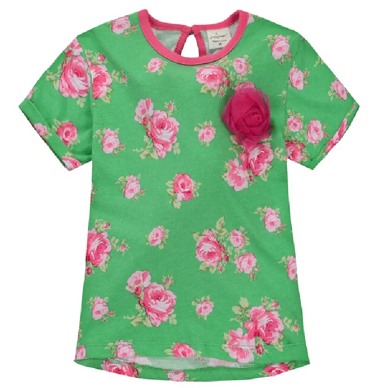 Rose Floral Girl's Tee Shirts Summer Green Flower Girl Clothes T Shirts