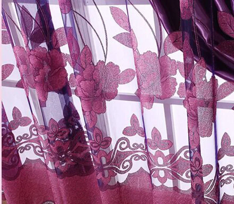 Фиолетовая занавеска из вуали для спальни, деревенский выгорающий цветок, готовая оконная занавеска, тюль для кухни, гостиной WP087C