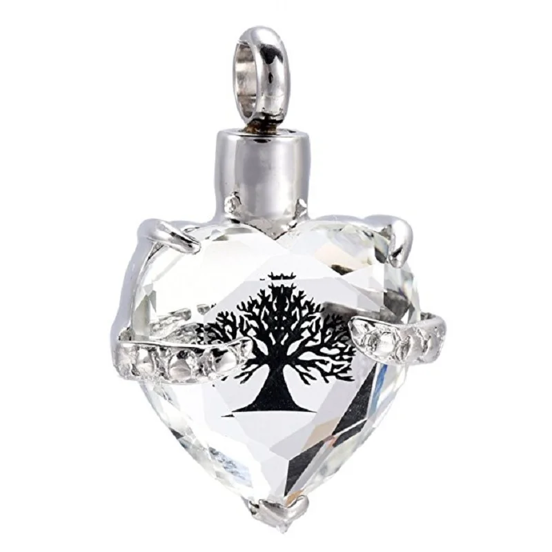 

IJD9790 Clear Crystal Heart Cremation Pendant Hold Small Amount Ashes,Tree of life Keepsake Memorial Urn Necklace for Women