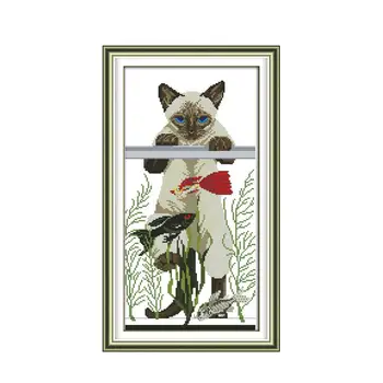 

Joy Sunday Animal Cat Pattern 11CT 14CT India Cross Stitch Kitten Kitten and Fish Cat Favorite Continental Decorative Painting