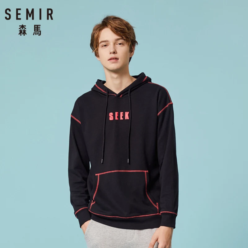 

SEMIR Men Contrast-Trimed Hooded Sweatshirt with Kangaroo Pocket Pullover Hoodie with Lined Drawstring Hood Ribbed Cuff and Hem