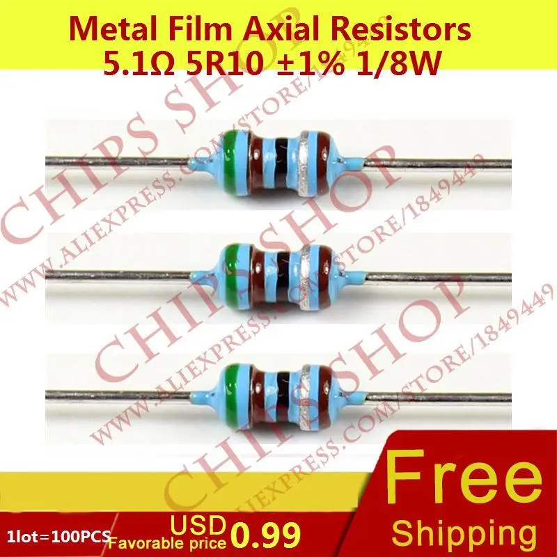 1LOT=100PCS Metal Film Axial Resistors 5.1ohm 5R10 1 1/8W 0.125W 1/8W