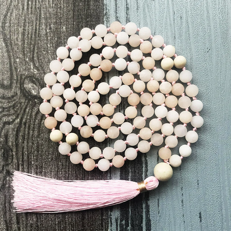 

108 Stone Pink Aventurine Mala Necklace 8mm Mala Beads Hand Knotted Collier Femme Boho Necklace Tassel Jewelry For Women Girl
