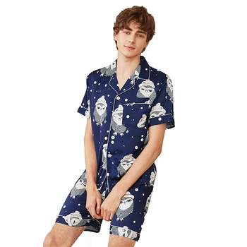 

CEARPION Pajama Set Men's Stain Silky Sleepwear Soft Cozy Nightgown Summer Short Style Homme Lounge Casual Cartoon Bathrobe