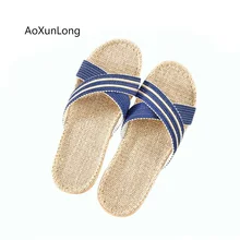AoXunLong/мужские летние льняные тапочки с полосками крест-накрест; нескользящие домашние тапочки для влюбленных; льняные тапочки для мужчин; домашние тапочки
