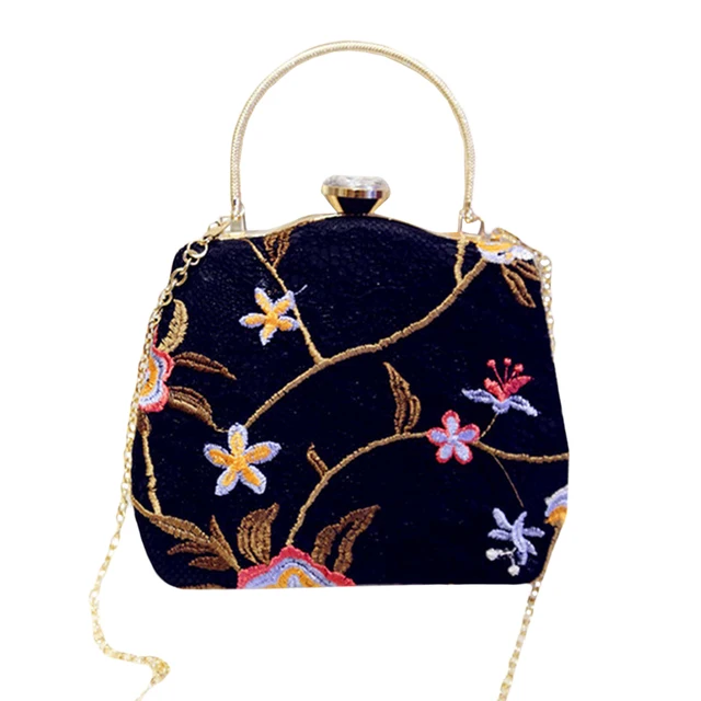Black Female Banquet Mini Handbag Embroidering Flower Clutch Bag Black Female Banquet Mini Handbag Embroidering Flower Clutch Bag Wedding Evening Rhinestone Purse Makeup