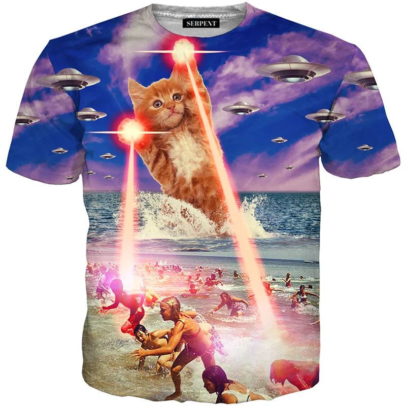 

Cloudstyle 2019 3D Tshirts Men Terror Cat UFO Print Short Sleeve Hipster Tee Shirt Streetwear Tops Summer Fashion Plus Size 5XL