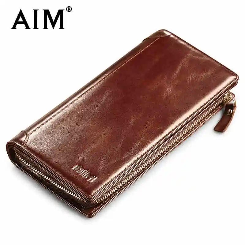 

AIM Men's Vintage Long Purse Oil Wax Genuine Leather Wallet Men Famous Brand Design Vertical Phone Card Holder Coin Wallets A341