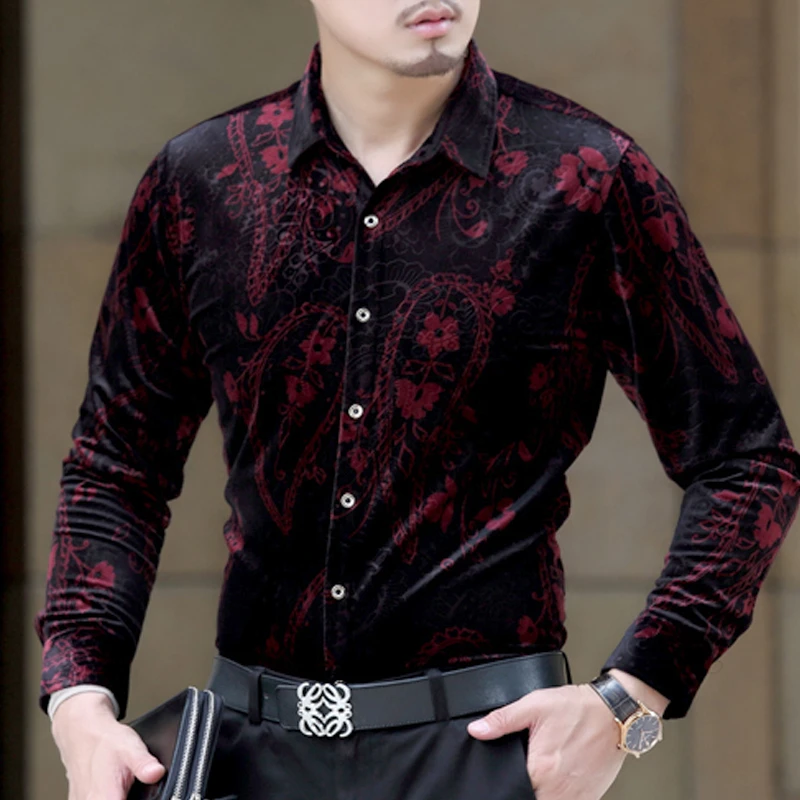 European Style Fashion Mens Wine Red Floral Pattern Black Velvet Long Sleeve Shirt Spring Fall Casual 3xl Xxl Shirts For Man Fashion Shirts For Men Shirt For Menf Shirts Aliexpress