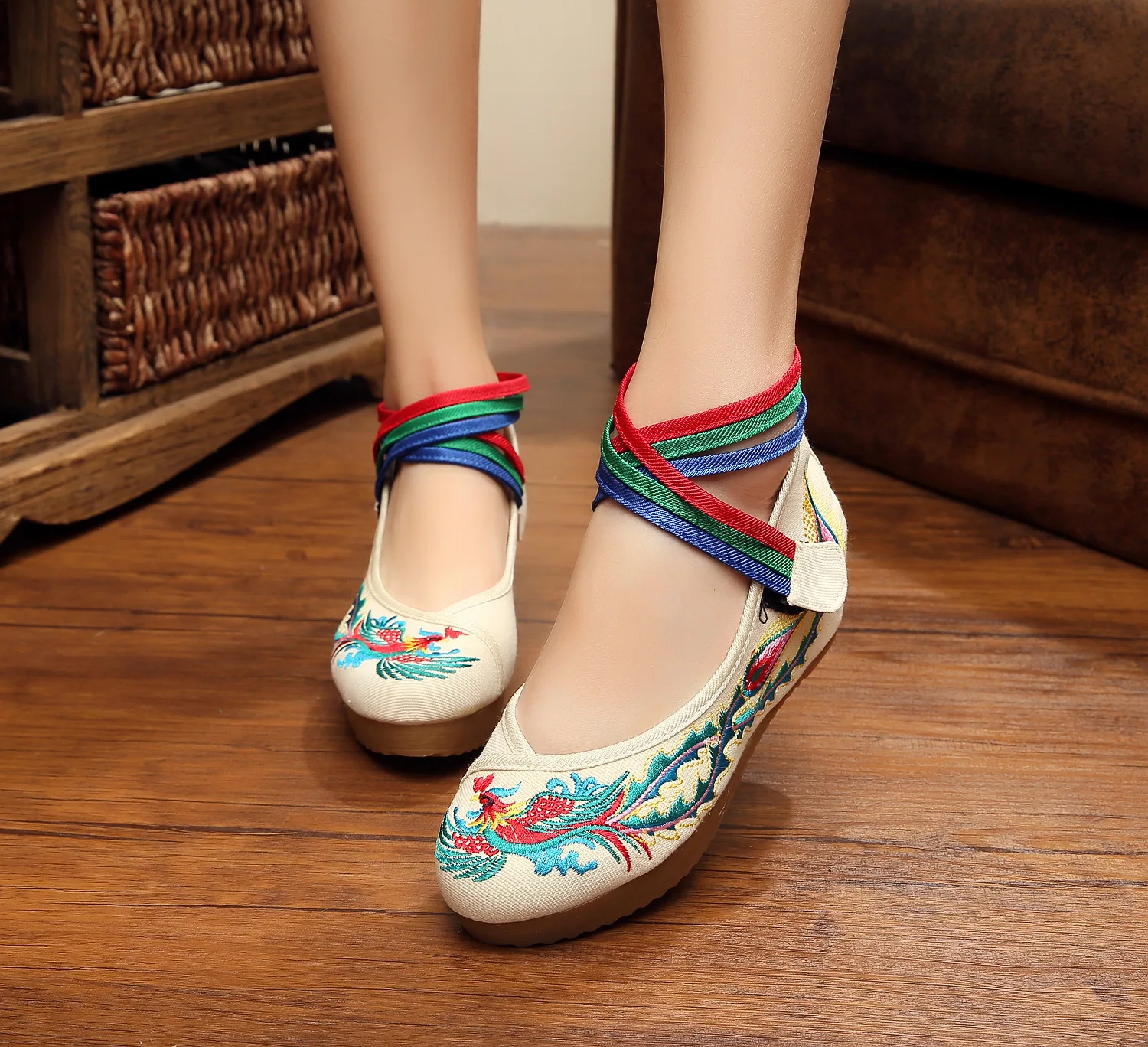 Women 5cm Medium Heel Old Peking Cloth Shoes Ladies Wedges Embroidered Female Pumps Platform Crossed Strap
