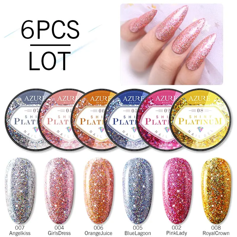 

Azure Beauty 6Pcs/Lot Sparkly Glitter Series UV Nail Gel Polish Soak Off Led Nail Gel Varnish Semi Permanent Led Gel Lacquer Kit