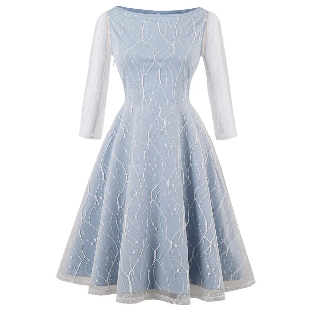 

Joineles Net Yarn Embroidery Party Dresses Women Hepburn Retro 50s 60s Rockabilly Robe Autumn A-Line Vintage Dresses Cotton Blue
