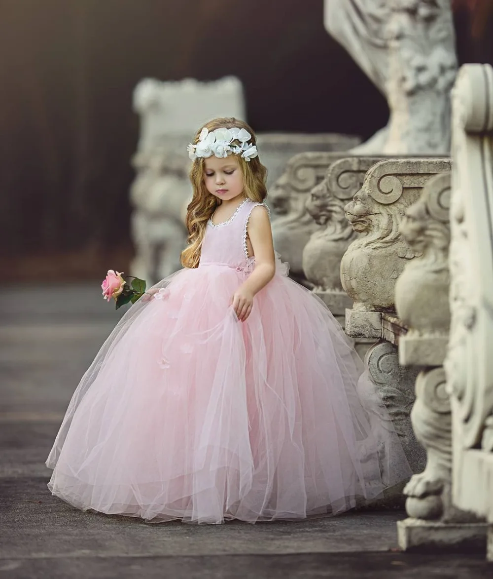 Pink Lace Flower Girl Dress Sleeveless Princess Cute Party Pageant Ball GownsFlower Girl
