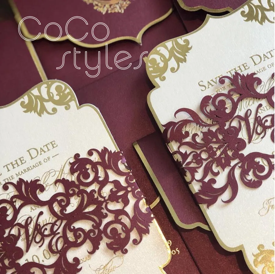  Cocostyles custom vintage gold foil invitation card with laser cut belly band and match envelope fo - 32891546247