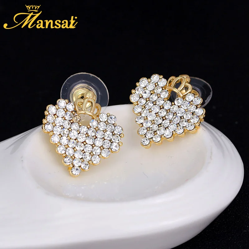 Mansati Роскошный Crystal Любовь Серьги Золотой диадемы сердце Форма гвоздики для Для