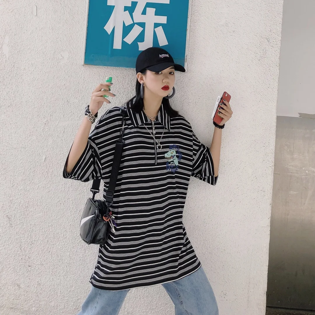 Harajuku стиль лацканы spoofs динозавр Алфавит печати в длинные столкновения полосы свободная футболка BF