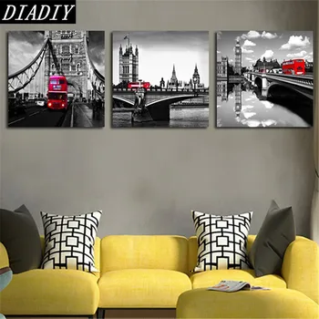 

canvas painting cross stitch 5D diamond painting red bus diy diamond embroidery European city mosaic of rhinestones set triptych