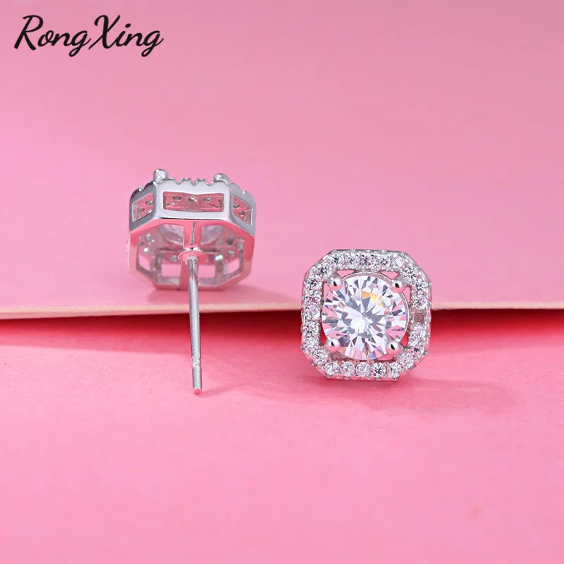 RongXing сверкающие квадратные серьги гвоздики для женщин круглый белый циркон