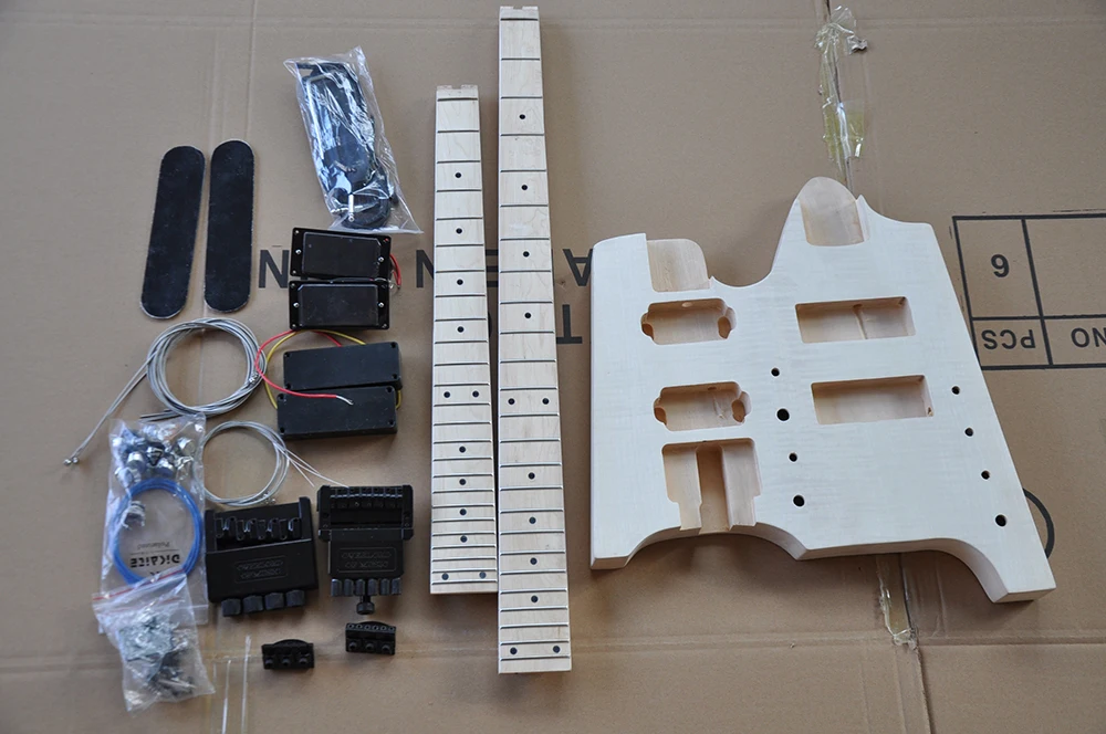 

Special Price Double Neck Electric Guitar Kit(Parts) with All Black Hardwares,Rosewood Fretboard,No Headstock,Offer Customized