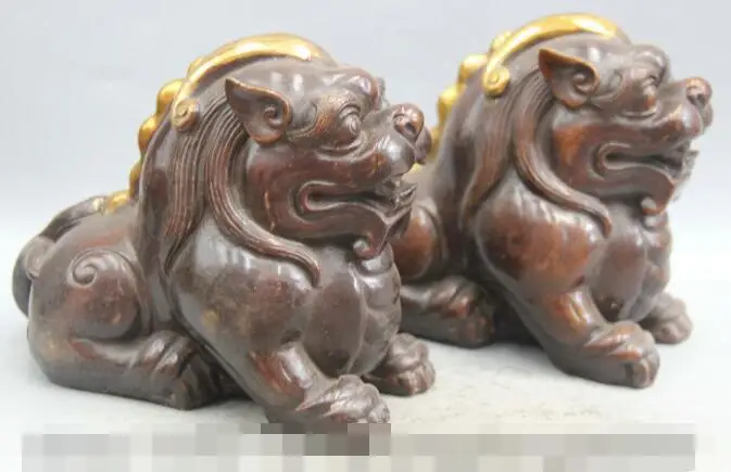 

S1521 8" Chinese Bronze Gild Feng Shui Unicorn Beast Pi Xiu Statue sculpture Pair