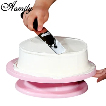 

Aomily 28cm Food Grade Plastic Cake Turntables Fondant Cake Mousse DIY Decorating Tray Platform With Scale Kitchen Bakeware Pink