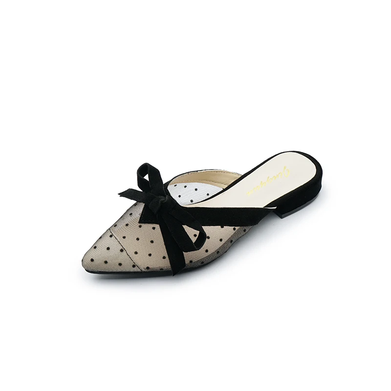 Женские тапочки; кружевные тапочки в горошек с острым носком; Летняя обувь; женские шлепанцы на низком каблуке с бантом; женская обувь; Zapatos mujer; N7243 - Цвет: Черный