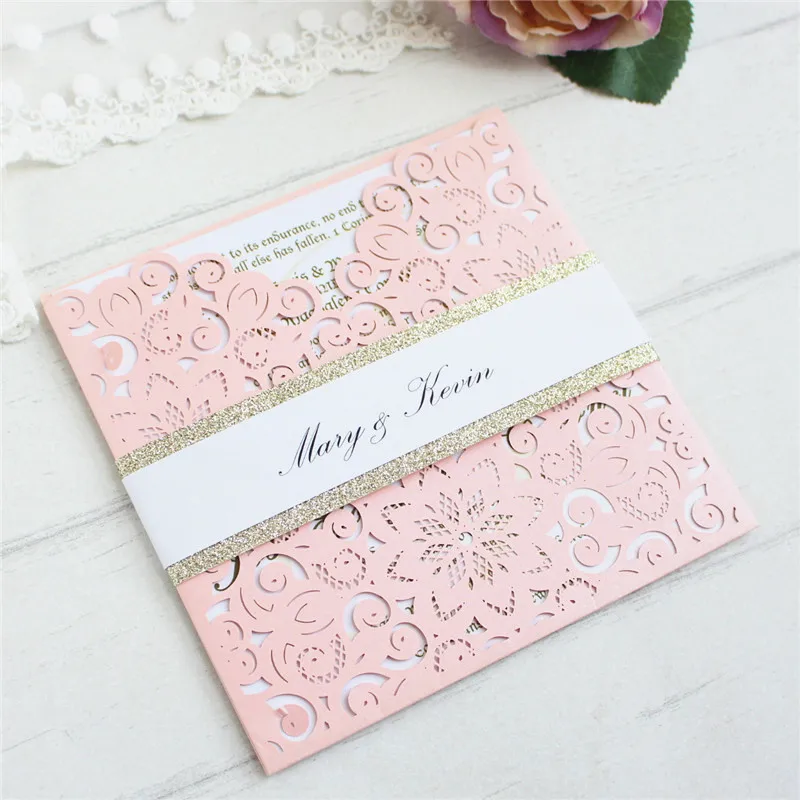 

Wedding invitation paper pink laser cut pocket glittery belly band customized insert card printing 50pcs