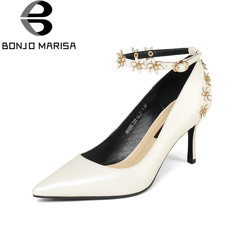 

BONJOMARISA 2018 Spring Autumn Elegant Cow Leather Women Ankle Strap Pumps Flowers High Heels Ol Shoes Woman Sexy Shallow Shoe