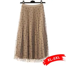 Для размера плюс, две стороны, можно носить, горошек, кружево, пэтчворк, бархат, миди, плиссированная юбка, 4Xl, для женщин, эластичная талия, до середины икры, фатиновая юбка