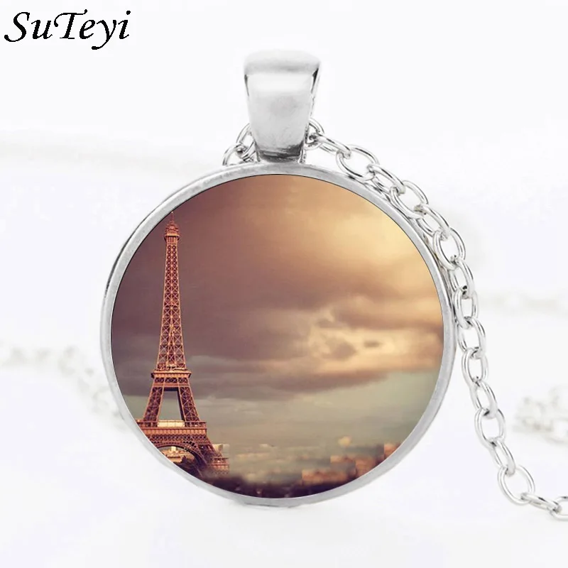 

SUTEYI Romantic Beautiful Paris Eiffel Tower Necklace Art Drawing Design Pink White Glass Pendant Women Men Jewelry Gift