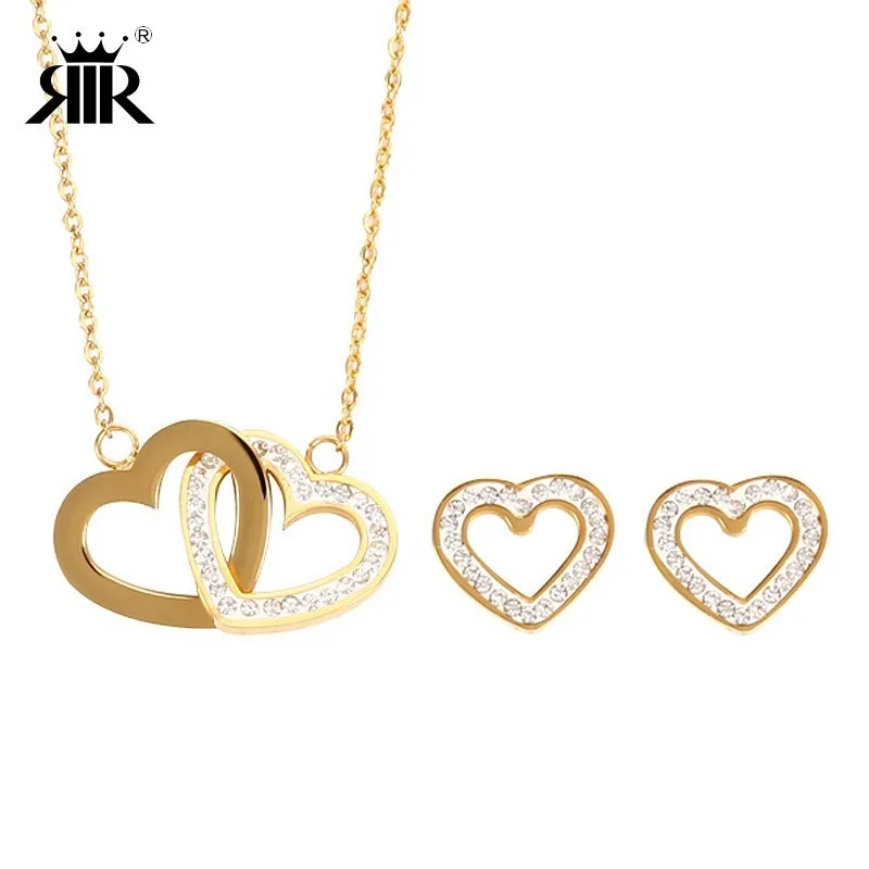 

RIR Linked Double Heart Necklace Stainless Steel Filled Chain Two Double Entwined Twins Hearts Jewelry Set Gift For Girlfriend