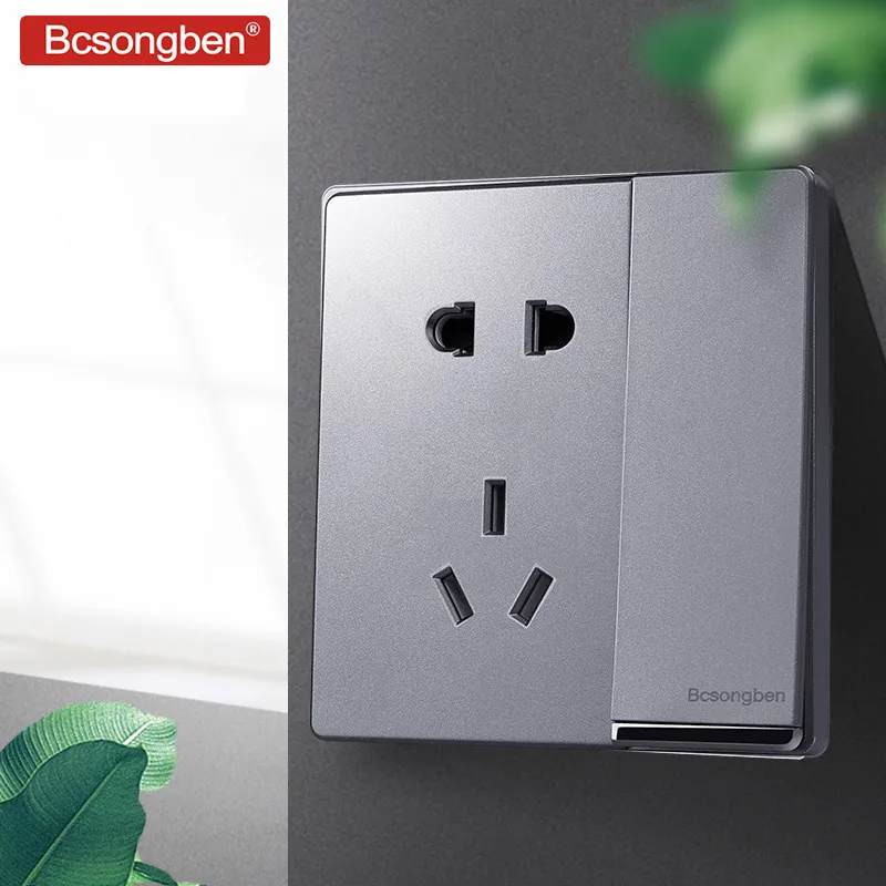 Розетка электрическая Bcsongben с пятью отверстиями 10 А серебристо серая в простом