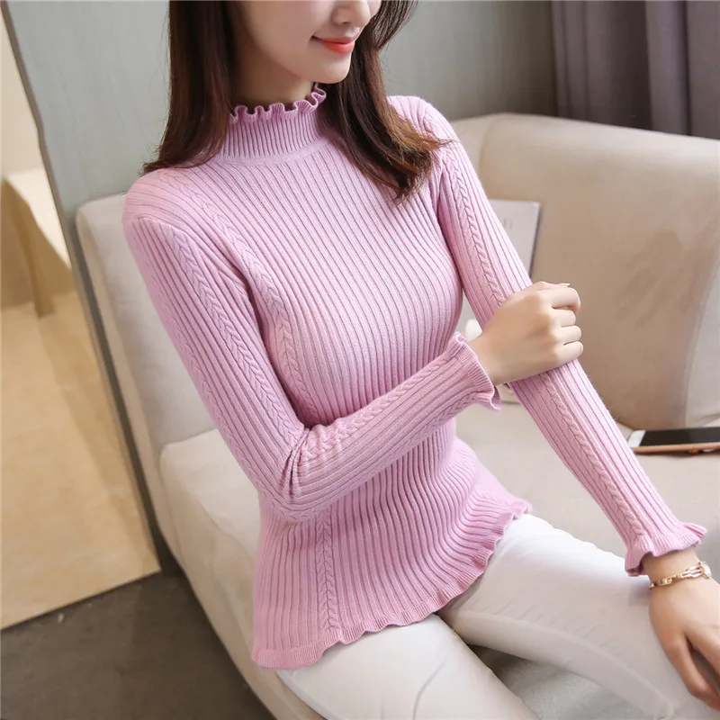 

2018 Autumn And Winter New Korean Version Self Cultivation Pure Colored Fungus Edge Knitted Sweater