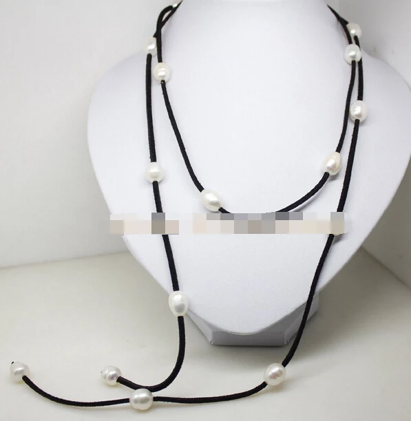 

ddh003806 beauty natural white pearl stone handmade black leather pendant necklace 48"