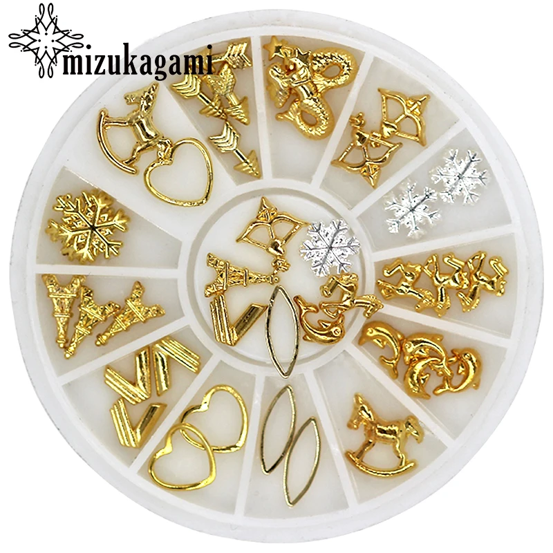 

1box/lot 12 Shape Gold Metal Hollow Nail Art Studs Decorations Designs Beads For DIY UV Charm Jewelry Stud Earring Accessories