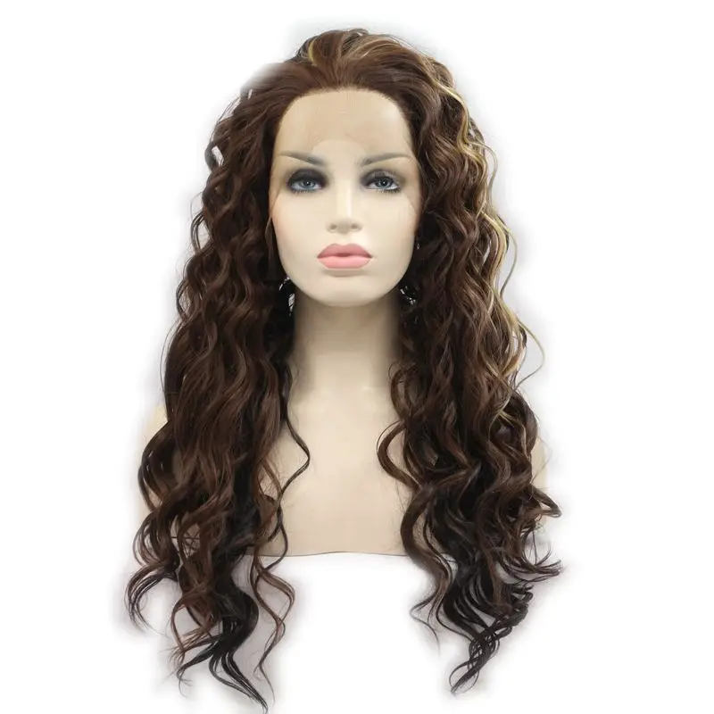 Sylvia коричневый смешанный цвет бодрый вьющиеся кружева парик синтетические кружева перед парики термостойкие волокна волос для женщин