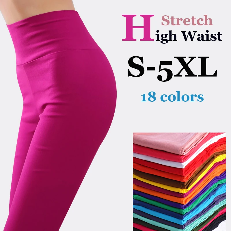 

Sale! women high stretch cotton leggings 18 candy color ladies high waist plus size pencil pants S-5XL female skinny leggings