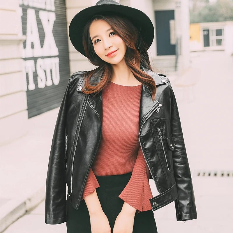Женская куртка из ПУ кожи с длинным рукавом и отложным воротником|leather jacket ladies|pu