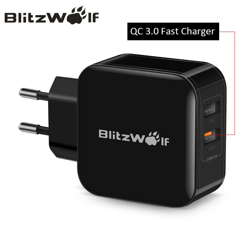 

BlitzWolf QC3.0+2.4A 30W Dual USB Charger Mobile Phone Fast Charger EU Adapter Travel Wall Charger For iphone 8 8 Plus X