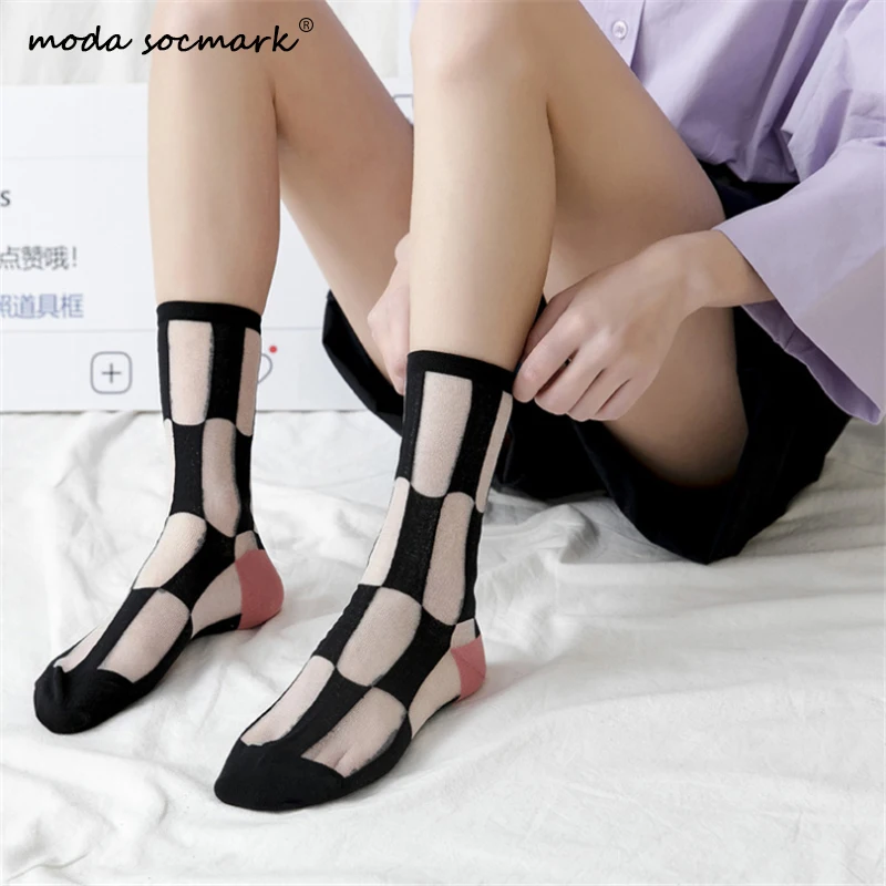 Moda sockmark женские носки лоскутные клетчатые серии прозрачные сетчатые шелковые