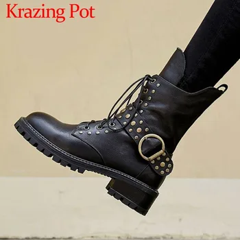 

Handmade genuine leather handsome girls roud toe med square heels rivets studded buckle belt zip plus size Mild-calf Boots L52