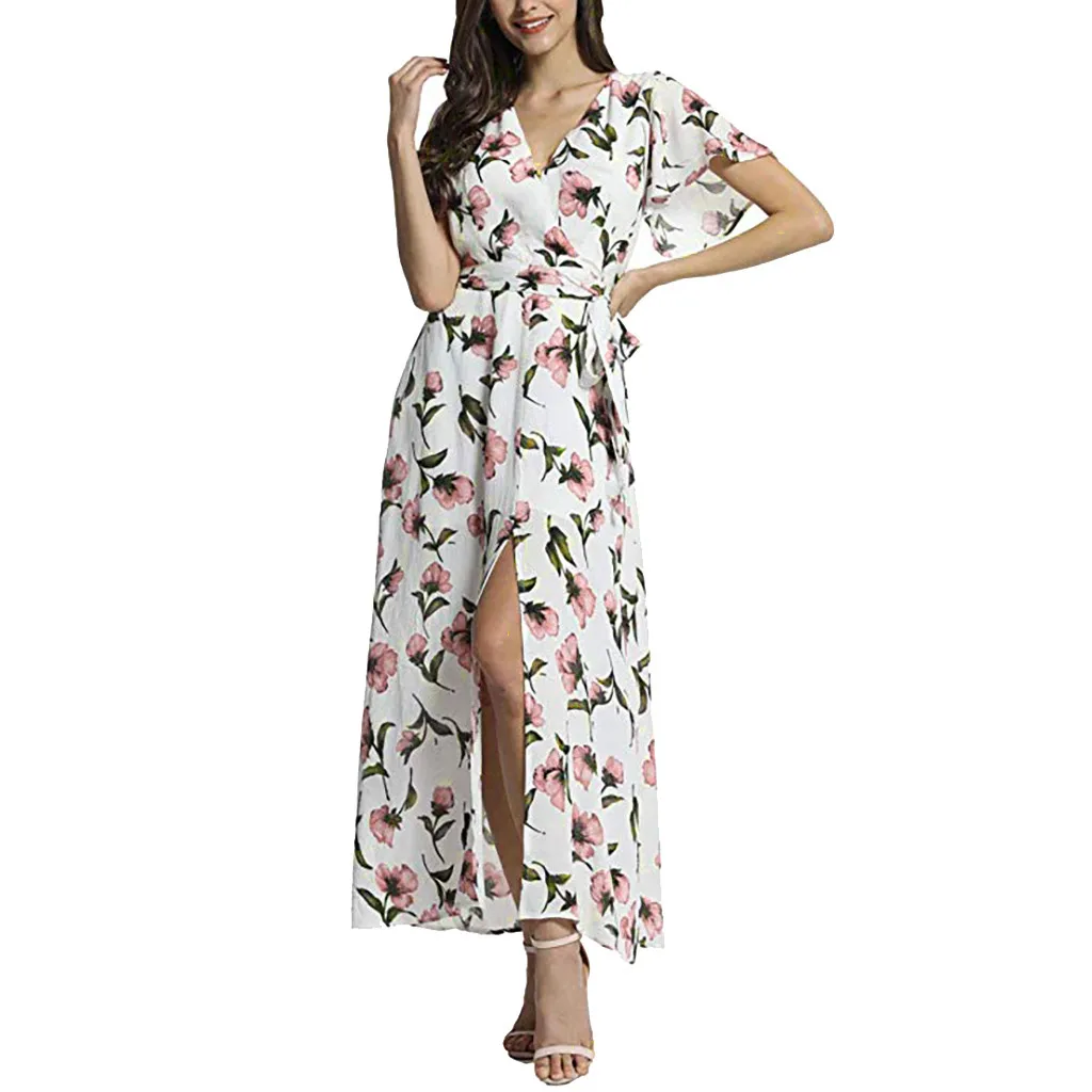 

Women Summer Dress 2019 Casual Short Sleeve Fashion Women V-Neck Short Sleeve Floral Print Beach Party Wedding Long Dress