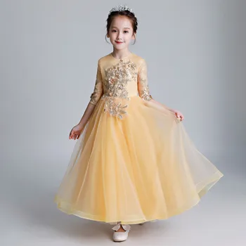 

2018 Autumn New Children Girls Luxury Golden Color Embroidery Flowers Evening Party Dress Baby Kids Host Piano Pageant Dress