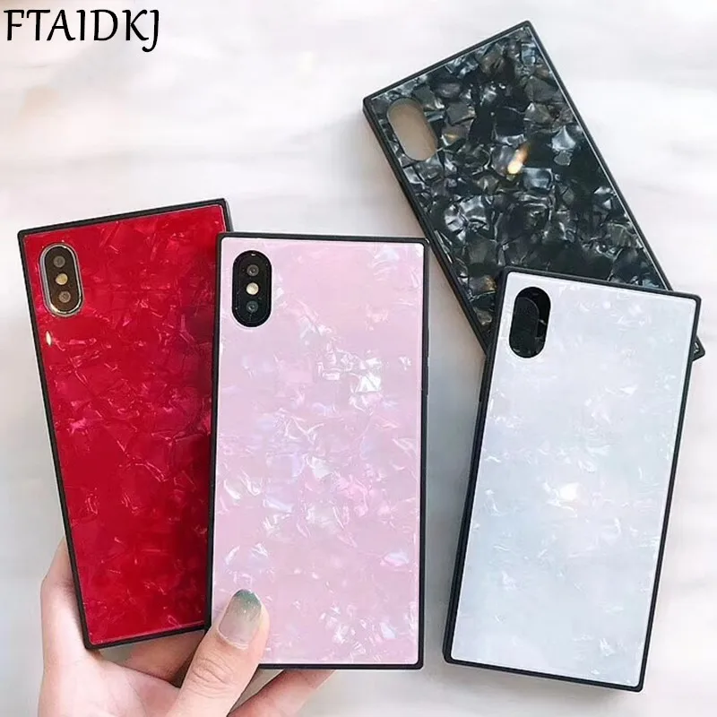 

FTAIDKJ Luxury Glossy Square Glass Case For iPhone X XS Max XR Conch Shell Pattern Back Cover For iPhone 7 8 6 6 6S Plus Coque